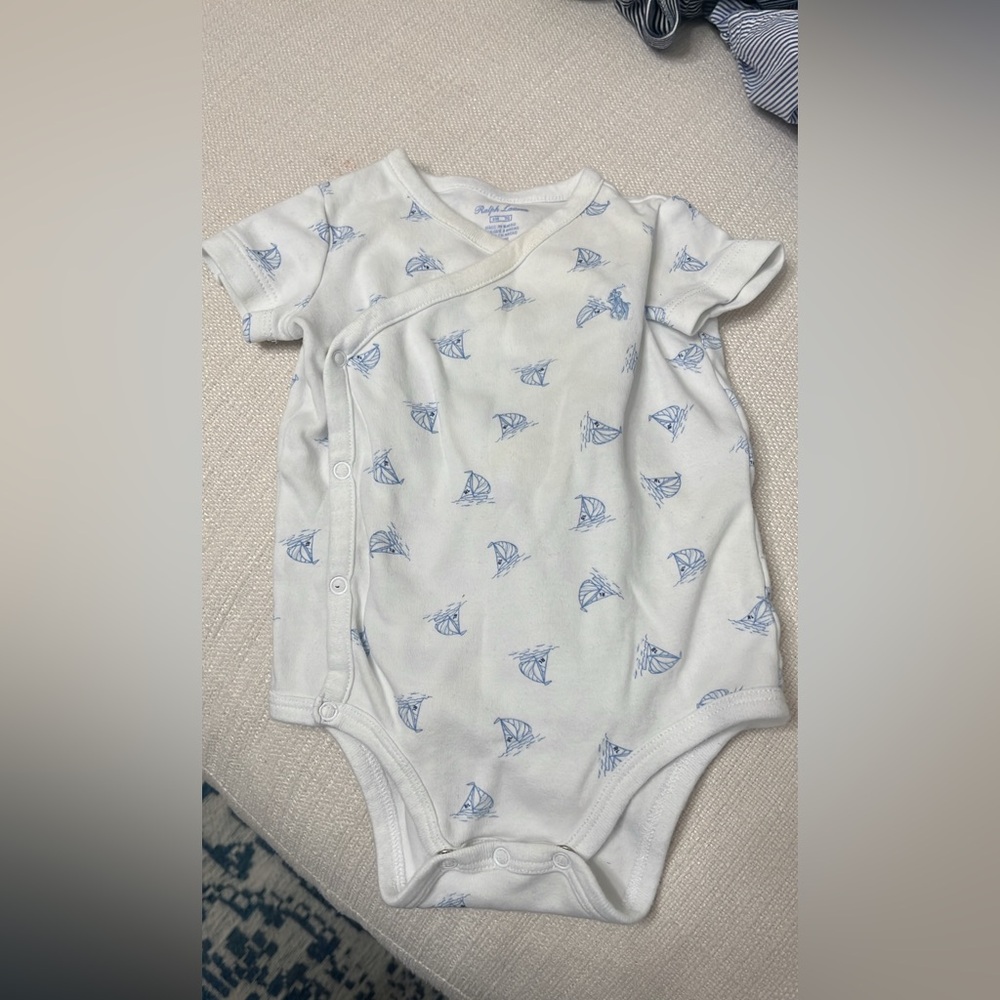 Ralph Lauren. White Baby Kimono Onesie with Blue Sailboat Print
